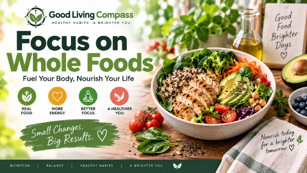Focus on Whole Foods: Fuel Your Body, Nourish Your Life 4 Good Living Compass graphic showing fresh fruits, vegetables, whole grains and other nutritious whole foods.