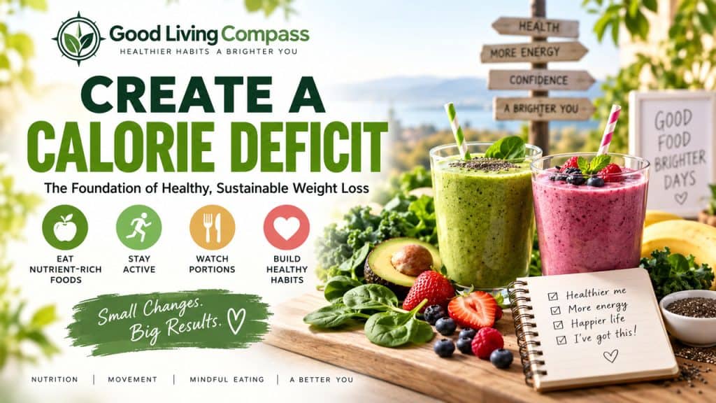 Good Living Compass graphic explaining calorie deficit with healthy foods, portion control and weight-loss tips.