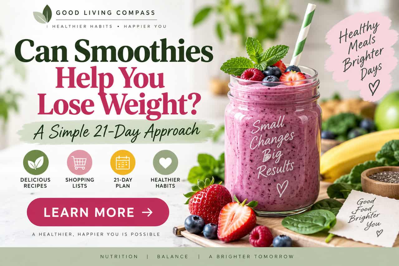 12 High Protein Foods for Weight Loss 3 Good Living Compass graphic showing a Healthy smoothie with berries and mint for weight loss and healthy habits.