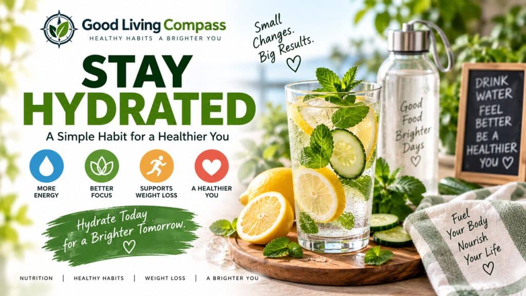 Good Living Compass graphic showing a bottle and glass of lemon, cucumber and mint water with hydration tips.