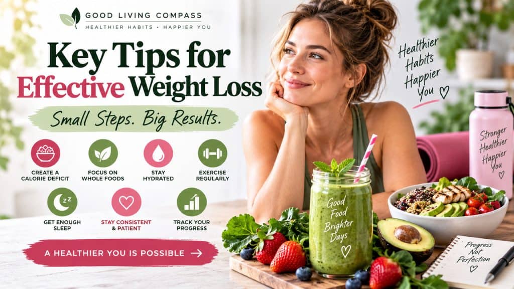 Good Living Compass graphic showing a Woman and 7 Weight Loss Tips