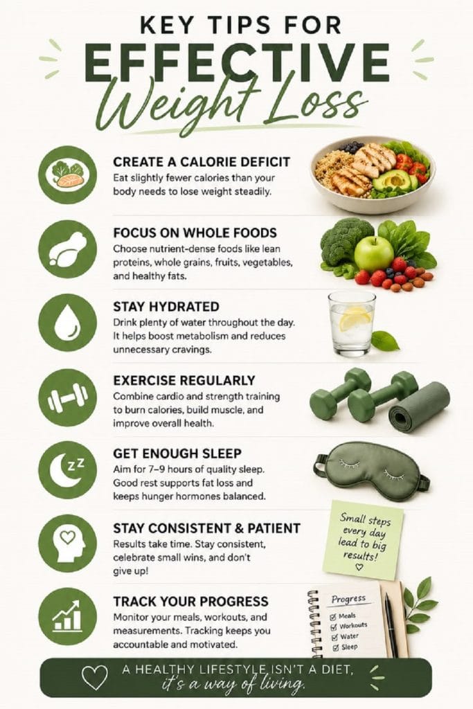 Key Tips for Effective Weight Loss: 7 Habits That Can Make a Difference 2 Good Living Compass graphic showing Key tips for effective weight loss with healthy habits and diet.