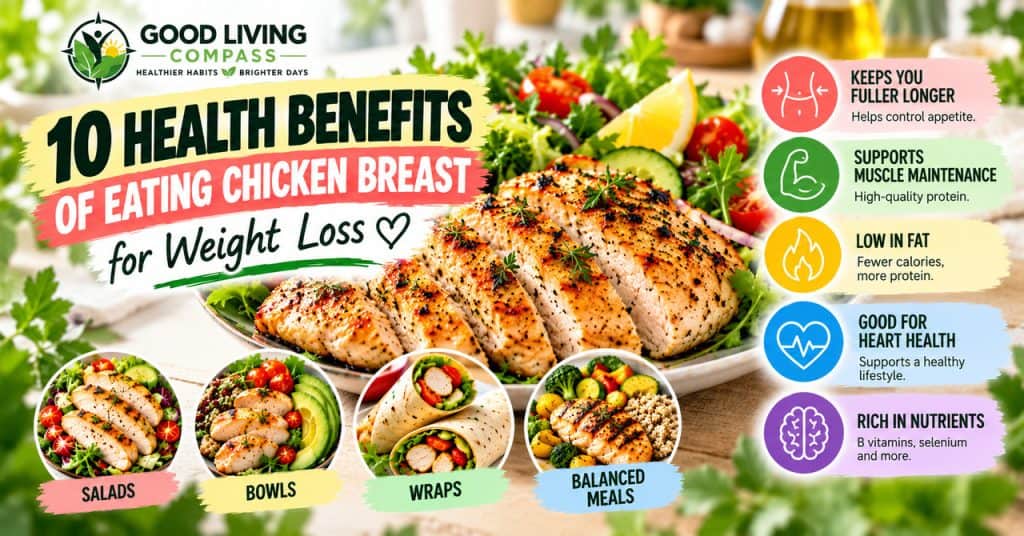 10 Health Benefits of Eating Chicken Breast for Weight Loss 1 Good Living Compass shows the Benefits of chicken breast for weight loss