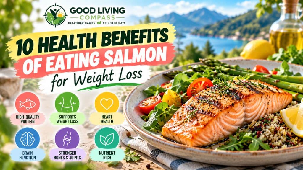 10 Health Benefits of Eating Salmon for Weight Loss 2 Good Living Compass shows Benefits of Salmon for Weight Loss and Health